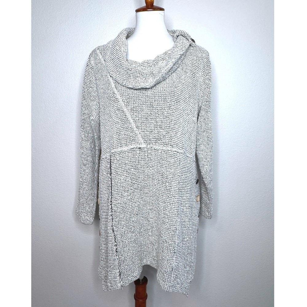 ALI MILES Cowl Neck Tunic XL Knubby Knit Cream Black Buttons LS Lagenlook